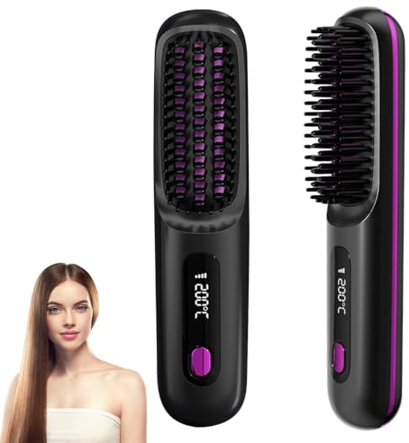 HIULLEN Spazzola Lisciante per Capelli, Piastra Capelli Senza Fili, Spazzola Lisciante Ricaricabile Piastra Portatile Mini Capelli da Viaggio con Display LCD 160°C-200°C Riscaldamento Rapido