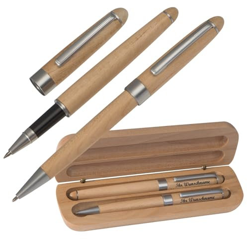 Holz Schreibset mit Namensgravur - aus Ahorn / mit Kugelschreiber + Rollerball