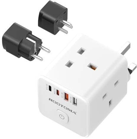 UK to European & US Plug Adapter with 4 Fast Charging USB (QC3.0/PD20W) Compact Cube Universal Travel Adapter for Germany, France, Spain, American, Thailand, Canada