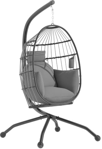 Outsunny Silla Colgante Huevo con Soporte Cesta Plegable 120 kg Gris | Columpio Jardín Exterior, Cojín y Reposacabezas, Portavaso, Columpio Colgante, para Interior y Exterior