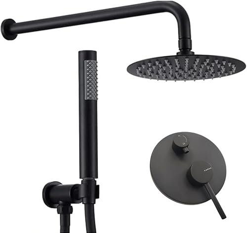 Kit Completo Doccia Soffione Ø20 - Braccio Doccia 35cm - Flessibile Nero gommato 150cm - Presa d'Acqua A Muro con Supporto e Doccetta - Miscelatore Doccia con Deviatore e Placca Nera 154mm