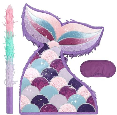 BIRCHIO Meerjungfrauen Pinata Set mit Augenbinde und Fledermaus (42 x 32 x 10 cm), Pinjata für Kinder, perfekt für Geburtstag und Dekoration