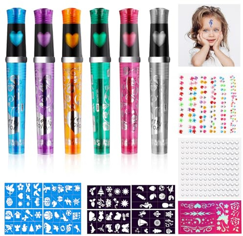 Tattoo Stifte, 17 Stück Glitzer Temporäre tattoo set für Skin | 6 Stück Wasserfest Glitzer Tattoo Stift Pen, mit 4 Blatt Edelsteinaufklebern, 5 Schablonen für Erwachsene Geburtstage Party