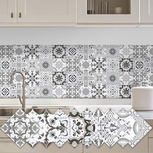Honcet Tile Stickers for Bathroom Stick on Tiles Self Adhesive | 24 Pcs Grey and White Viny Wall Tile Kitchen Backsplash Peel and Stick Moroccan 15x15cm