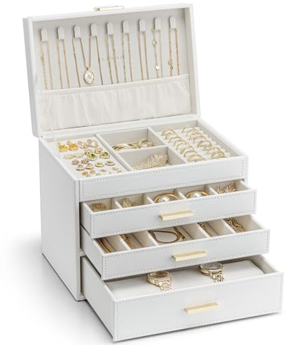 Vlando Caja de Joyas Moderna Grande, Organizador de Joyas con 4 Niveles, Joyero para Mujer, para Pendientes, Anillos, Almacenamiento de Joyas, con Cajones, Espejo, Funda para Relojes, Regalo para