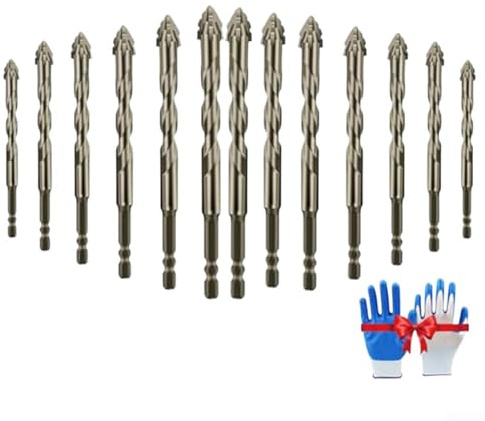 Niceminiwall Juego de brocas de carburo de 4 flautas multiusos para piedra, vidrio, madera, metal con revestimiento de titanio, 4-12 mm, 12 piezas con guantes protectores