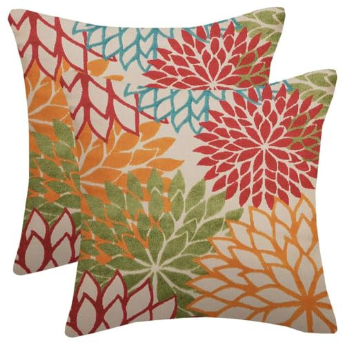 AELUTYSH Green Orange Dahlia Pillow Covers 24x24 Inch Set of 2 Rustic Red Teal Dahlia Floral Decorative Throw Pillows Farmhouse Geometric Flower Decor Cushion Cover for Home Sofa Bedroom Outdoor