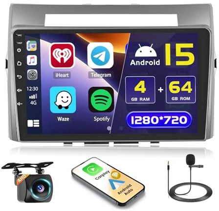 Hikity 4+64GB Android 15 Autoradio för Toyota Corolla Verso AR10 2004-2009 Med Trådlös Carplay Android Auto, 9 Tum Skärm med Navi WiFi Bluetooth FM RDS SWC Backkamera
