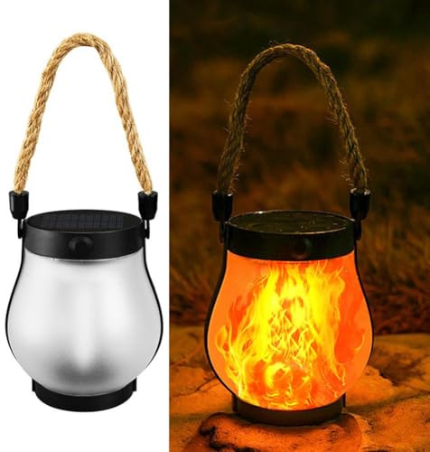 Dancing Flame Solar Lantern Outdoor Lights - Waterproof Flickering Flame Solar Lantern with Warm Light, Portable Hanging Fire Bowl for Garden, Patio, and Camping