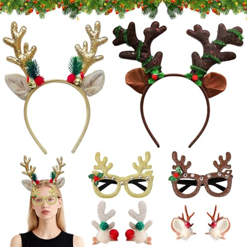 Haarreif Weihnachten, 6 Stück Weihnachts Haarreif, Rentier Haarreif Weihnachten, Weihnachtshaarreifen Erwachsene, Weihnachts Haarschmuck, REH Haarreif, Weihnachtsbrille, Haarspange, Weihnachtsfeier