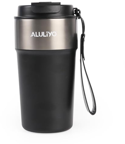 ALULIYO Travel Mug, Insulated Coffee Cup with Straw & Lid, 500ML, Black | Leak-proof 316 Stainless Steel Coffee mug, Double Wall Vacuum- Insulation Coffee Cup Travel Mug for Hot & Cold Drinks