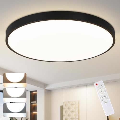 Laittiin Deckenlampe LED Deckenleuchte Flach - 37CM Schwarz Dimmbar mit | Fernbedienung Schlafzimmerlampe 36W Rund Flurlampe Decke IP44 Wasserfest Badlampe 3000K 6500K Wohnzimmerlampe Flur Küche Bad
