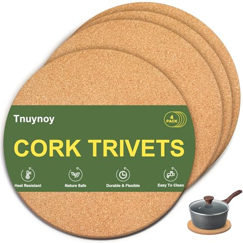 Tnuynoy Cork Trivet Mats, 4 PCS Heat Resistant Cork Trivets for Hot Pots and Pans, Hot Dishes, Multipurpose Non-Slip Cork Hot Pads for Kitchen Countertops Table, High Density Thick Round Pot Coaster