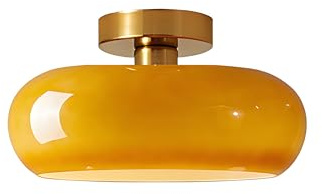 XIRYTU-H Moderna runda taklampa i glas, Lampskärm i runt glas på 28 cm med guldfärgbatt base, Belysning för hallar för sovrum, matsalar, kök (Orange, H15cm)