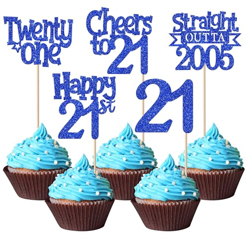 SYKYCTCY 30 Pack Straight Outta 2005 Cupcake Toppers Glitter Twenty-One Happy 21st Birthday Cupcake Picks Cheers to 21 Years Decorations for 21st Birthday Party Cake Decorations Supplies Blue
