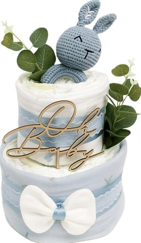 Windeltorte Junge Blau mit Hase - Baby blau Geschenk - Babyaccessoires Eukalyptusblätter und Deko - Oh Baby Holzdeko - Geschenk für Babyshower Gender-Reveal Taufe
