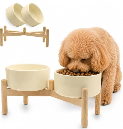 Erhöhter Keramik Hundenapf Set 2×850 ml Ø15,5 cm, Doppelnapf mit Holzständer rutschfest, Futternapf & Wassernapf spülmaschinenfest und mikrowellengeeignet, für kleine und mittelgroße Hunde & Katzen
