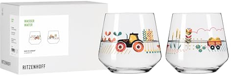 RITZENHOFF 8185003 Wasserglas 400 ml, 2er Set – mit liebevoll gestalteten Treckern und klaren Linien – Made in Germany