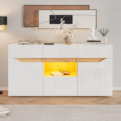 Merax Weißes Sideboard mit LED-Beleuchtung, 140 x 40 x 70 cm, 4 Schubladen und 2 Schränke, Hochglanz-Kommode für Wohnzimmer, Küche, Flur