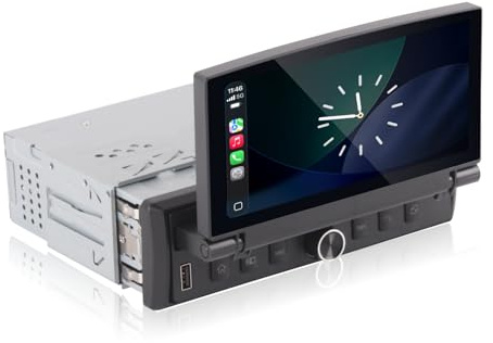 Autorradio de un Solo DIN con Pantalla abatible, CarPlay inalámbrico y Android Auto, Radio para Coche con Pantalla táctil abatible y Calidad de Sonido de Nivel OEM, Bluetooth, FM y Am
