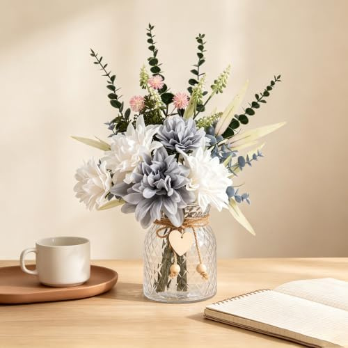 JETAINE Artificial Flowers with Vase, Blue Faux Dahlia Flower Arrangement in Glass Vase, Fake Silk Flowers Plant, Table Centrepiece Decoration Accessories for Kitchen Dining Table Bathroom Home Office