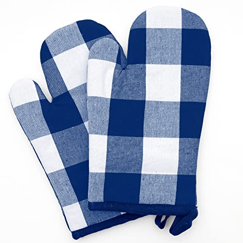 Ofenhandschuh Set - 2 x blau Karierte Backofenhandschuhe aus 100% Baumwolle - Praktisches Topfhandschuhe Set Oven Gloves - Kochhandschuhe hitzebeständig