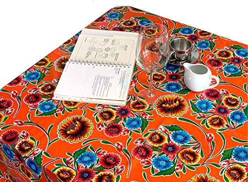 First Choice Vinyls Alux Sweet Flower Oilcloth Tablecloth - Orange - Plastic Vinyl PVC - Mantel de Plastico (55in Circle)