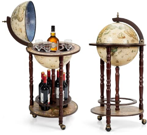GIANTEX Globusbar mit 3 Rollen, Barwagen Weltkugel Cocktailbar mit Bodenplatte, Hausbar Minibar Tischbar Dekobar, Eukalyptusholz (beige)
