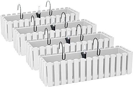 PAFEN 4X Blumenkasten Blumentopf mit Halterungen – 58 x 18 x 16,2 cm - Pflanztopf Bewässerungssystem Balkonkasten Pflanzkästen, Weiß