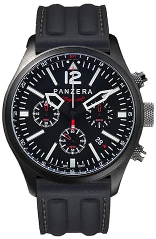 Panzera Flieger 46 Chronograph Kvarts Stål IP Svart Silikon Pilot Datum Klockor, rem