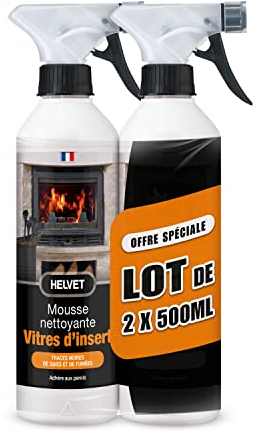 Helvet' Lot de 2 Nettoyant Vitres d’Insert pour Poêles et Cheminées – Format Mousse pour nettoyer au mieux les traces noires de suies et de fumées – 500 mL