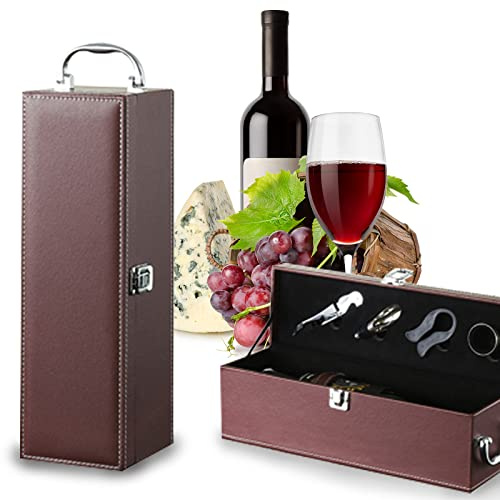 Bottle Wine Carrier,Leather Wine Gift Boxes,for Wedding, Anniversary,Travel, Restaurant, Party, Gifts for Wine Lovers, Storage Box for Home Bar Wine Collection With 4pcs Wine Accessories Set（brown）