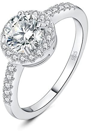 JewelryPalace 1.55ct Halo Cubic Zirconia Bague Taille Rond Pierre Argent Massif 925 Femme, Diamant Simulé Bague Fiançailles Mariage Promise Alliance, Ensemble Bijoux Mariee Cadeau Anniversaire