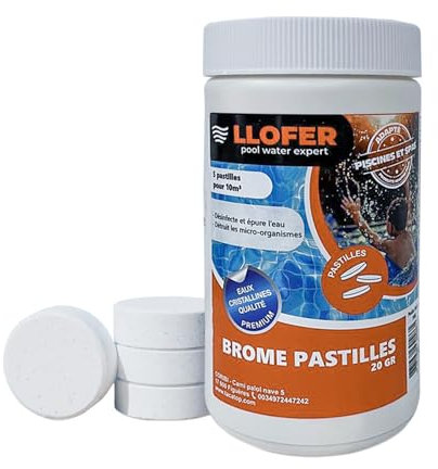 Llofer - 1kg Pastilles de Brome 20g - Dissolution Lente & Traitement Longue durée - Désinfection sans Odeur de Chlore - Aussi Efficace Que Le Chlore - Haute tolérance au pH - Brome Piscine