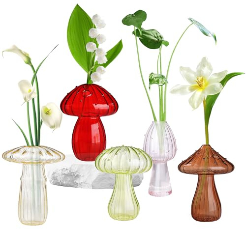 5 PCS Mushroom Shaped Glass Vase, Planters Clear Hydroponic Vase, Flowers Plants for Decorative Centerpiece,Table Decor,Home Wedding Party (5 Color)