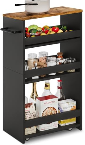 TEAMIX 4 Tier Slim Storage Cart with Handle, Slide Out Storage Rolling Utility Cart Mobile Shelving Unit Organizer Trolley for Small Spaces Kitchen Laundry Narrow Places (Black+Brown, 7-7/8'' W)