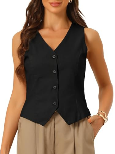 Allegra K Blazer sans Manches Femme Gilet Boutonné de Bureau Col en V Veste Courte de Costume d'affaire Noir M