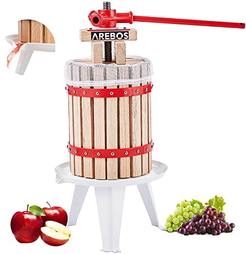 Arebos Obstpresse 6L | Manuelle Saftpresse I Beerenpresse inkl. Presstuch, Druckplatte und Metallspindel I Für jegliche Arten von Saft & Gemüse, Tan, Rot
