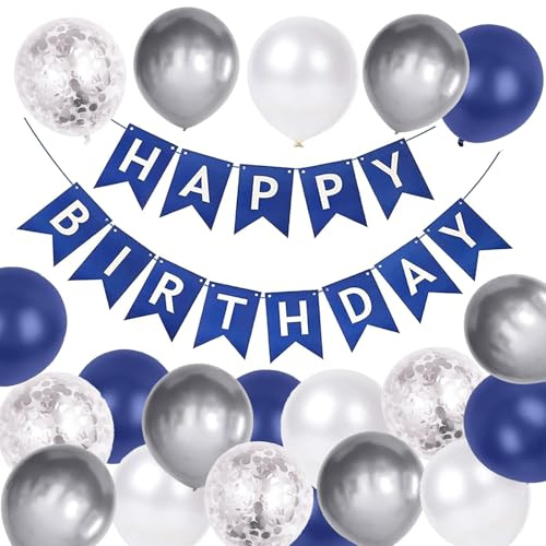 Luftballons Geburtstag Dekoration Set - Silber Happy Birthday Deko Banner Party Deko Set mit 16pcs Latex Luftballons und Konfetti (Silber)