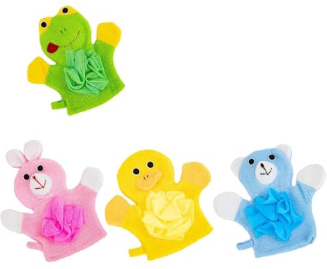 EnixwH 4 Pièces Gant de Toilette Bebe en Motif Animal, Gant Toilette Double Usage, Gant de Toilette Enfant de Dessin Animé, Gants de Toilette Coton pour Enfants, pour Douches d'enfants (22 x 23 cm)