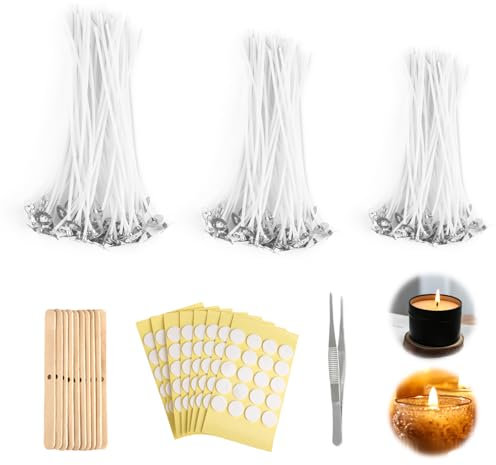 150 Stück Kerzendocht, Cotton Dochte für Kerzen, 10/12/15cm Kerzendochte für Kerzen, Rauchfrei Candle Wick mit Dochthalter, Aufkleber und Pinzette für Aromatherapie Kerzen