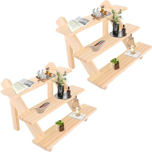 AKOLAFE 2 unidades de 3 niveles de exposición, escalera, madera, 39 x 30 x 24 cm, pendientes con ranura, soporte de madera para manualidades, figuras, joyas, pintalabios, esmalte de uñas