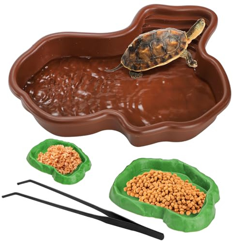 ZENFUN 4-Piece Tortoise Water Bowl Set with Ramp, Turtle Bathing Pool, Reptile Water Dish, Large Soaking Dish, Habitat Accessories