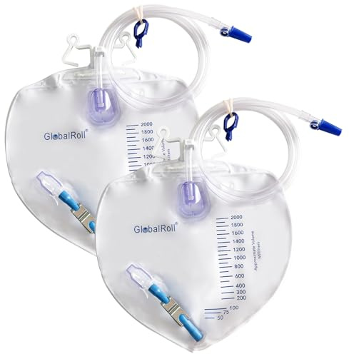 GlobalRoll Urinary Drainage Bag with Anti-Reflux Chamber, Bedside Drainage Bag 2000 mL with 48 Drainage Tube, Hook Hanger and Clips, Urine Bag with Metals Buckle for Home and Hospitals, 2 Pack