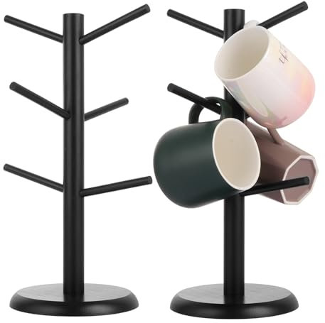 LOLYSIC 2 Pack Mug Tree 6 Mugs, Wooden Cup Holder Stand, Coffee Tea Mugs Holder Tree, Space-Saving Mugs Cups Organiser Stand for Kitchen Countertop Cupboard, Black