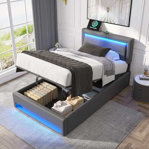 Merax Polsterbett 90x200 cm, Hydraulisch Bettgestell mit Stauraum, Bett 90x200 mit LED-Beleuchtung und Ladestation, Gästebett Jugendbett, PU, Grau(ohne Matratze)