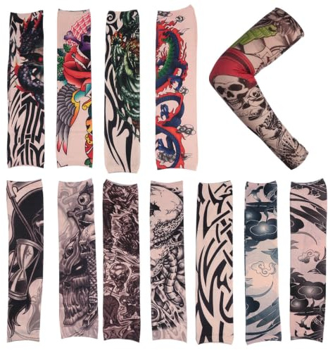 HOMSFOU 12Stücke Teiliges Uv-schutz Armstulpen für Männer Dehnbare und Atmungsaktive Tattoos Ärmel für Radfahren Laufen Cosplay und Festivals