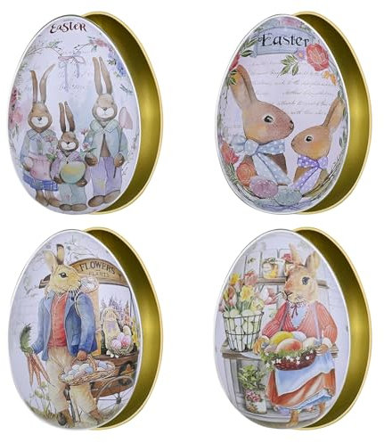 Huangzd 4X Osterei zum Befüllen, Bunte Fülleier für Ostern, Ostereier Keksdose Metall, Süßigkeiten Kasten, Ostereier mit Oster-Motiven im Comic-Stil zum verstecken und verschenken (4 Stück - 12cm)
