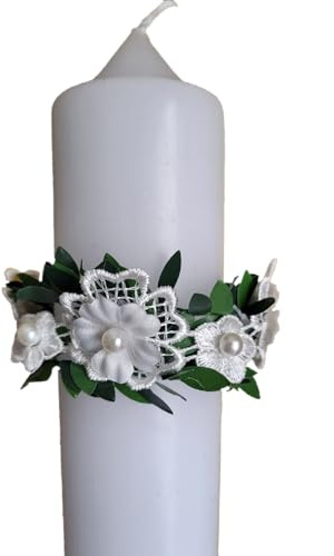 Kerzenring mit Organza Schleife Buchsbaum Kerzenrock Tropfenfänger Tropfschutz Hochzeit Taufe Kommunionkerze Taufkerze Konfirmationskerze für Kerze 4-8 cm mit Blumen und Perlen