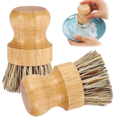 2er Pack Palm Pot Brush- Bamboo Round Mini Dish Brush Natural Scrub Brush Durable Scrubber Cleaning Kit with Union Fiber and Tampico Fiber for Cleaning Pots, Pans and Vegetables (A, L)